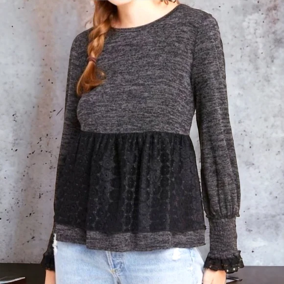 ANTHROPOLOGIE RO+DE Black/Gray Amirah Lace Long Smocked Cuff Sleeve Top XL - Picture 5 of 16